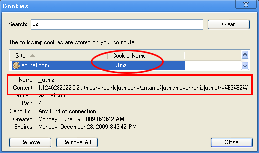 Google Chrome における__utmz cookie 表示例