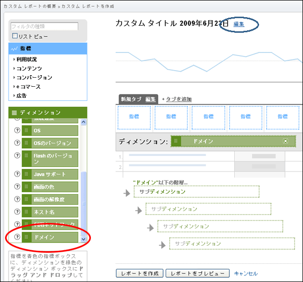 Google Analytics カスタム レポート作成画面